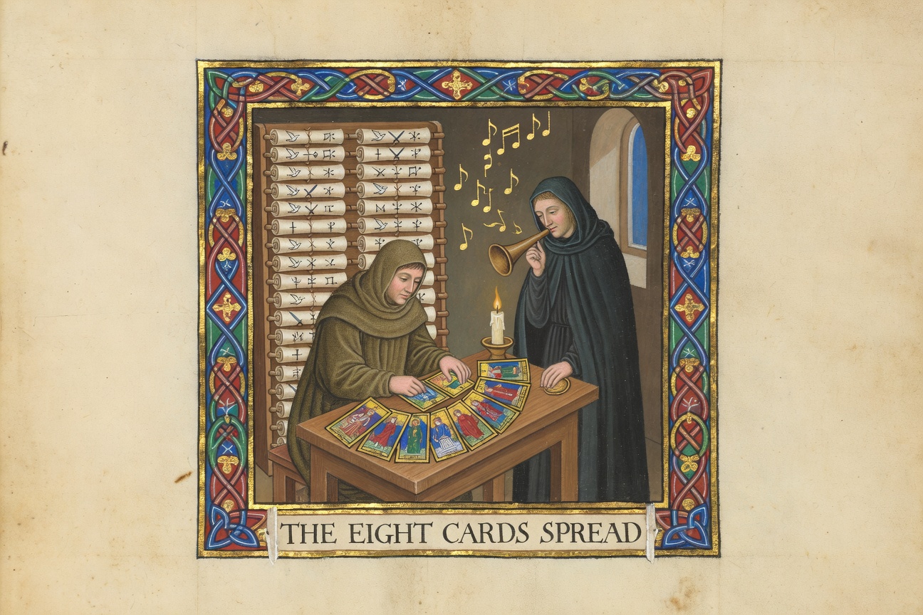 The Eight Cards Spread — a monk fans the deck while another sings